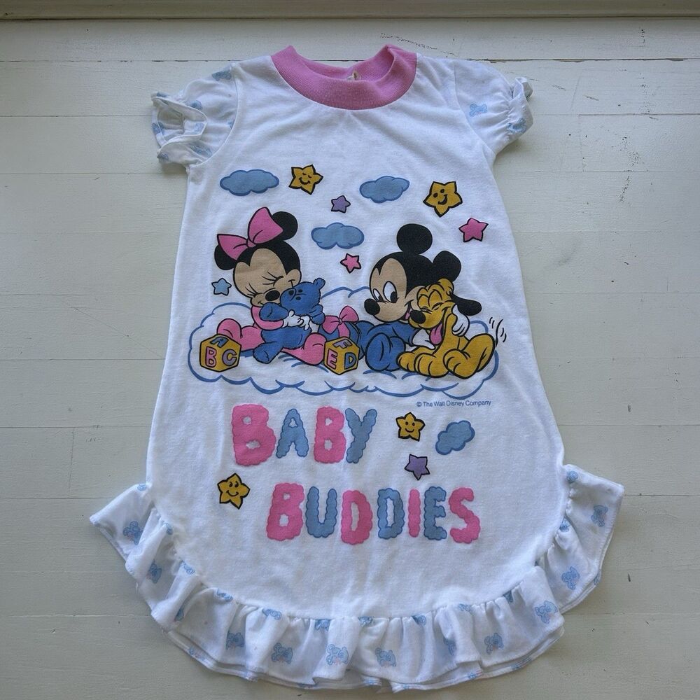 Vintage Disney Minnie Mouse Mickey Pluto Nightgown Baby Buddies Size 12 Months